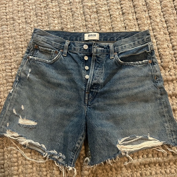 Agolde Parker Long Jean Shorts distressed dark blue - Picture 1 of 4